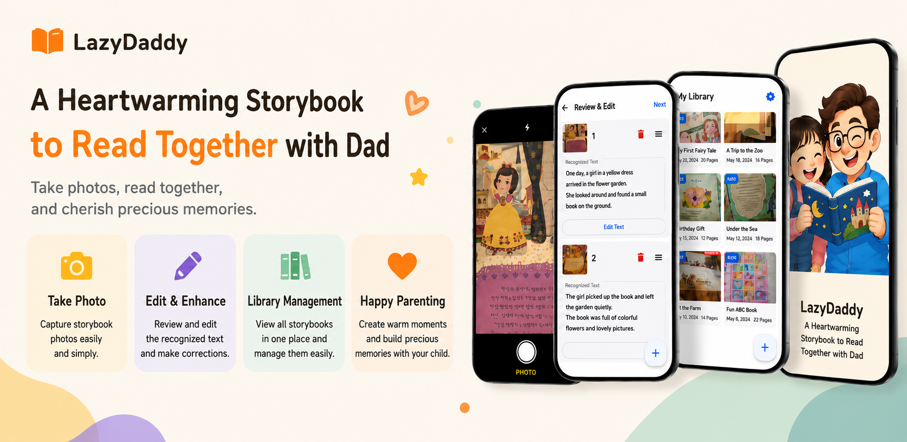 English LazyDaddy feature image showing app screens and a dad reading with a child