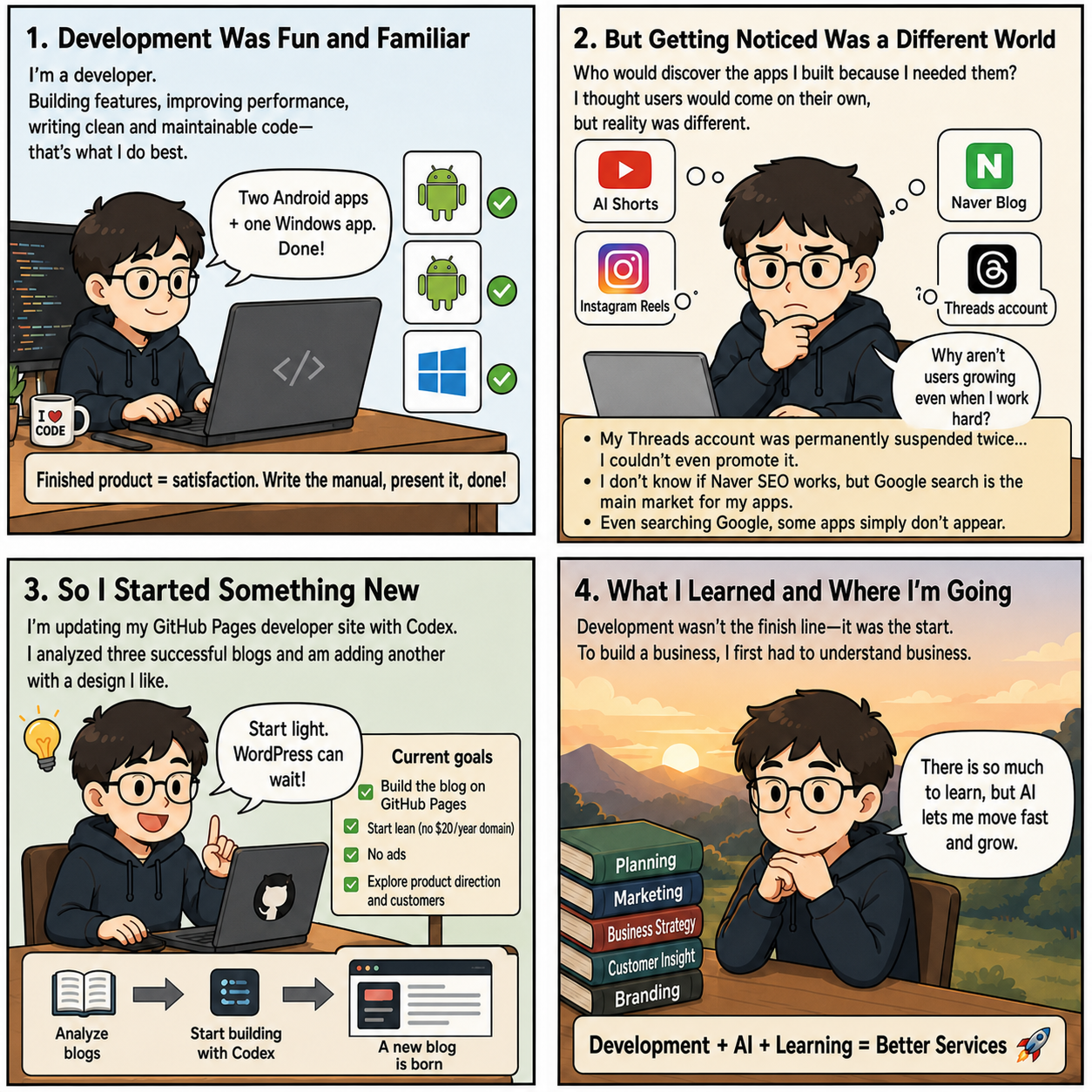 English-localized four-panel illustration of a solo developer learning marketing and business after finishing an app