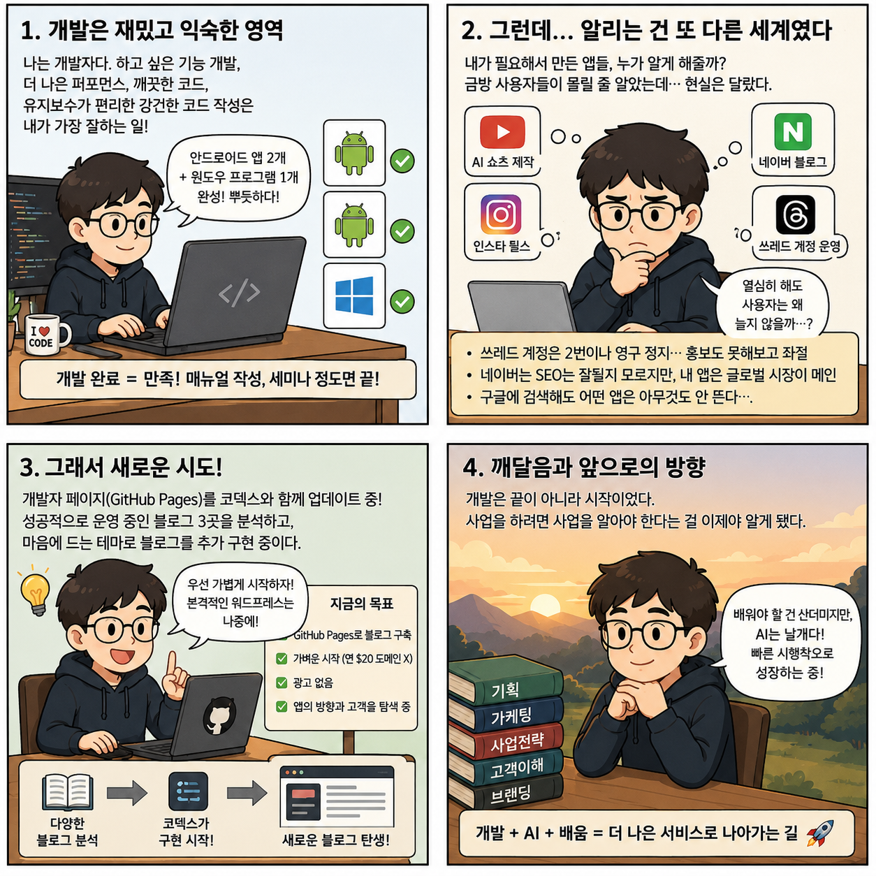 앱 개발 이후 마케팅과 사업의 과제를 마주한 1인 개발자 일러스트