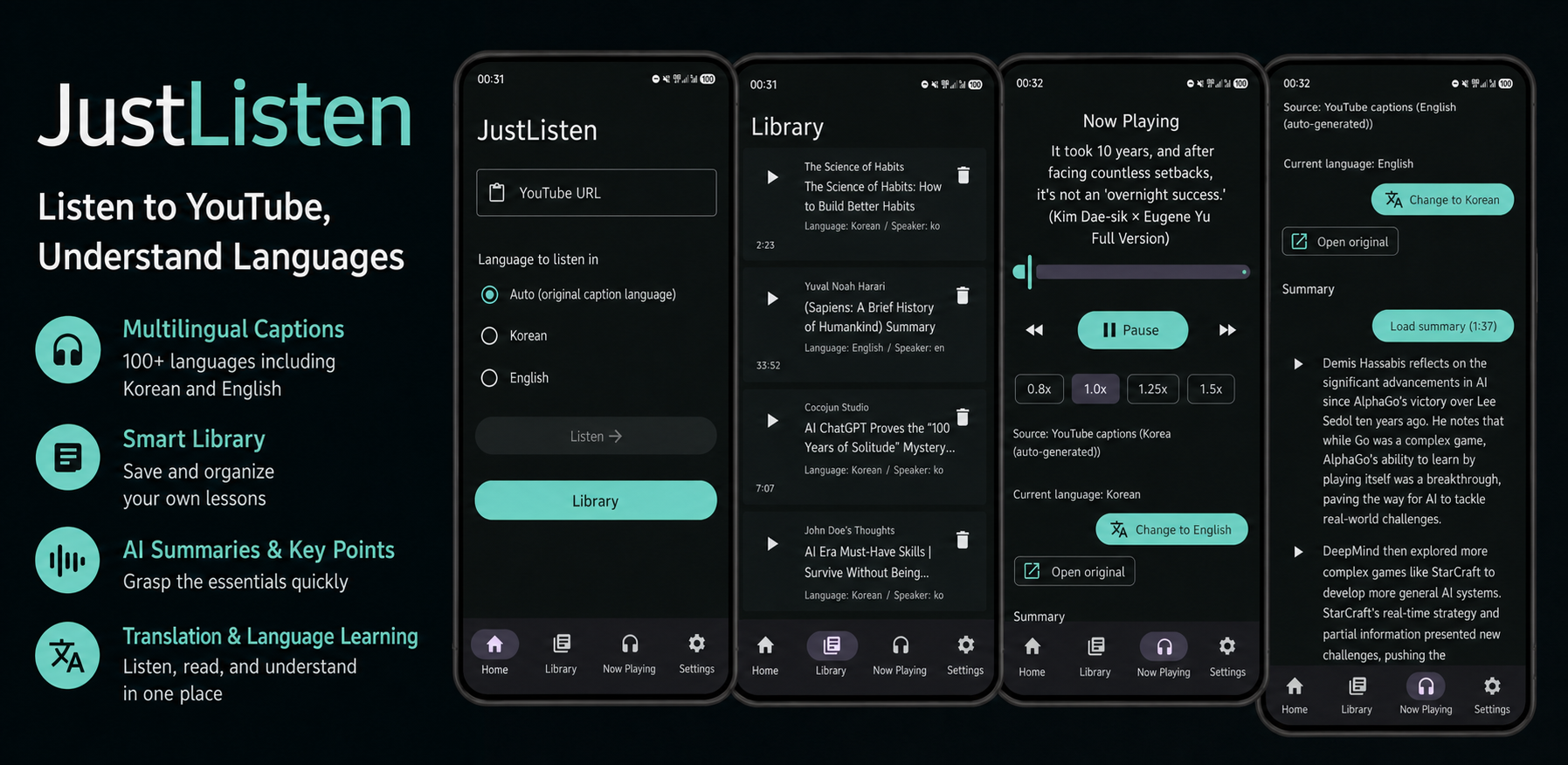 Feature illustration showing YouTube content listened to through JustListen without watching the screen