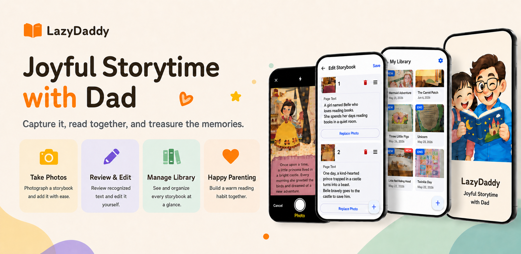 English-localized preview of the LazyDaddy storybook reading feature