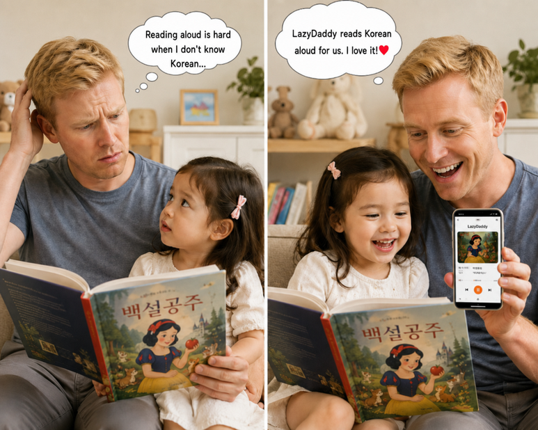 A parent and child reading together with English-localized speech bubbles