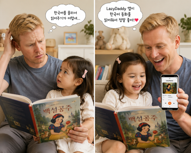 부모와 아이가 그림책을 함께 보며 LazyDaddy 앱으로 한국어 동화를 듣는 모습