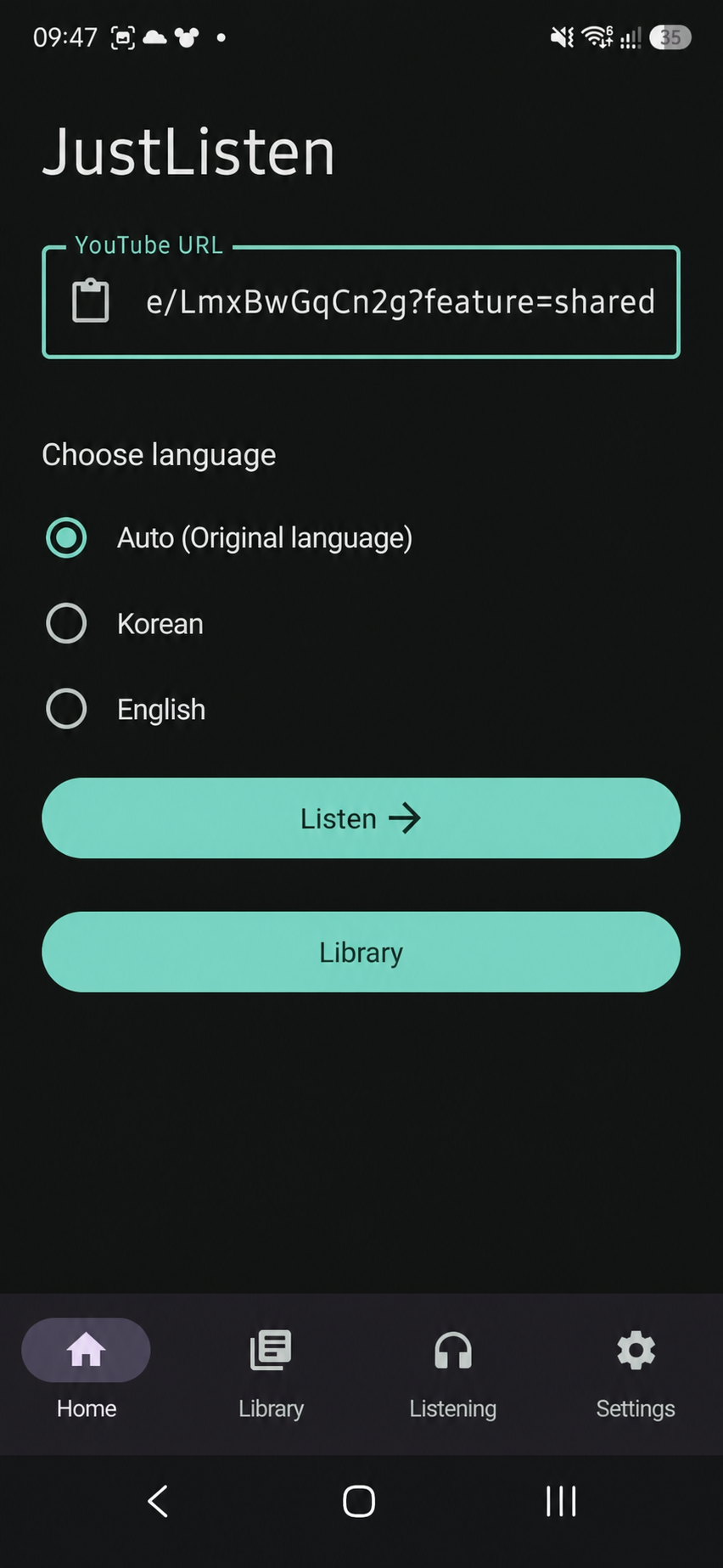 English JustListen screen for pasting a copied YouTube URL